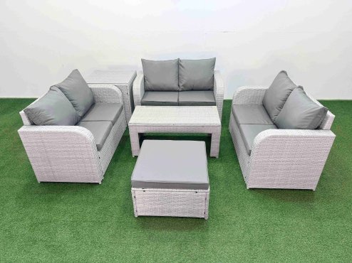 Fimous 7 Seater PE Wicker Rattan Furniture Sofa Sets with Oblong Coffee Table 2 Seater Love Sofa Big Footstool Side Table Light Grey