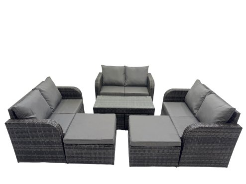 Fimous 3 Seater Sofa Reclining Chair Coffee Table Set Rattan Garden Outdoor Furniture Set with 2 Big Footstools Dark Grey Mixed