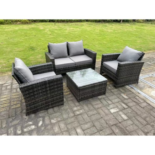 Fimous 4 Seater Dark Grey Mixed High Back Rattan Sofa Set Square Coffee Table Garden Furniture Outdoor Patio