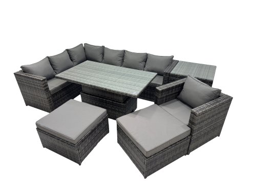 Fimous 9-seater Height Adjustable Rising Lifting Table Corner Sofa Set Rattan Garden Furniture Dining Set with Side Table 2 Big Stool Dark Grey Mixed