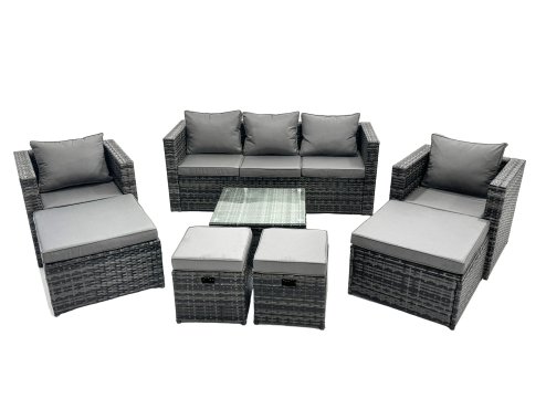 Fimous Outdoor Rattan Garden Furniture Set 9 Seater Patio Lounge Sofa Set with Armchair Square Coffee Table 4 Footstool Dark Grey Mixed