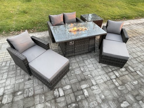 Fimous Outdoor Garden Dining Sets 6 Seater Rattan Patio Furniture Sofa Set with Gas Firepit Table 2 Big Footstool Side Table Dark Grey Mixed