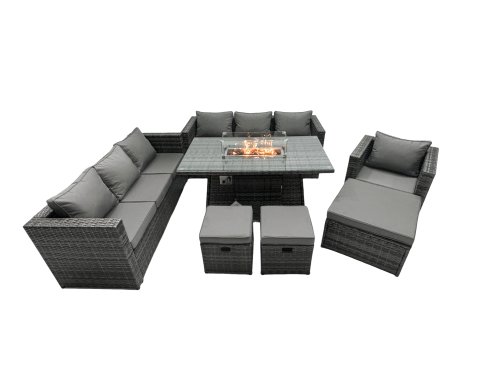 Fimous Rattan Garden Furniture Firepit Dining Set 10 Seater Lounge Sofa Table Set with 3 Footstool