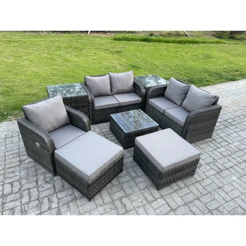 Fimous PE Rattan Garden Furniture Sets Outdoor Love Sofa Chair Set Square Coffee Table 2 Side Tables 2 Big Footstool