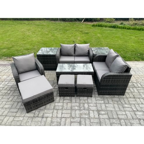 Fimous 8 Seater Rattan Outdoor Garden Furniture Sofa Set Patio Table & Chairs Set with 2 Side Tables 3 Footstools Dark Grey Mixed