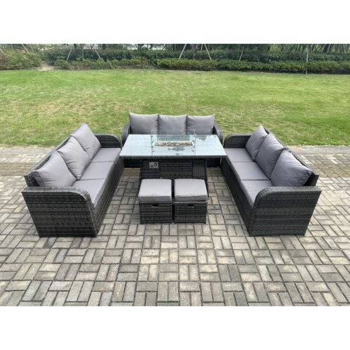 Fimous Rattan Furniture Garden Dining Set Gas Fire Pit Table With Lounge Sofa 2 Small Footstools Dark Grey Mixed