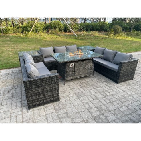 Fimous Outdoor Rattan Garden Furniture Gas Fire Pit Dining Table Gas Heater Sets Side Tables Dark Mixed Grey 9 Seater
