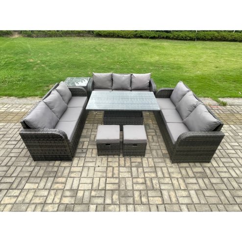 Fimous Patio Garden Dining Set Outdoor Rattan Furniture Lounge Sofa Height Adjustable Rising lifting Table With Side Table 2 Small Footstools Dark Grey Mixed