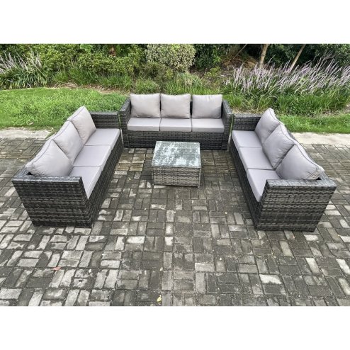 Fimous 9 Seater Rattan Garden Furniture Set Patio Outdoor Lounge Sofa Set with Square Coffee Table Dark Grey Mixed