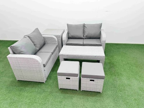 Fimous 6 Seater Outdoor Love Sofa Set Rattan Garden Furniture Set with Oblong Coffee Table 2 Small Stools Side Table Light Grey