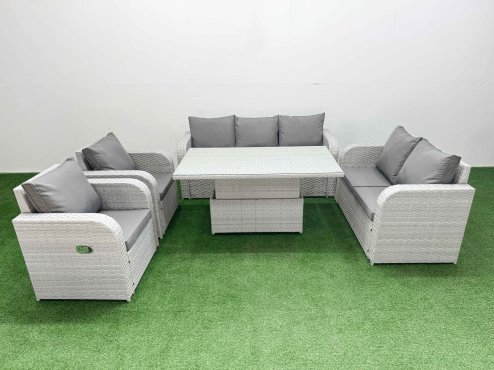 Fimous PE Rattan Garden Furniture Set Reclining Chair Sofa Double Love Seat 2 Seater Sofa Lounge Set Adjustable Lifting Dining or Coffee Table Light Grey Image