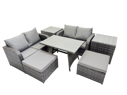 Fimous 6 Seater Garden Outdoor Rattan Furniture Set Rattan Sofa Oblong Dining Table with 2 Side Table Dark Grey