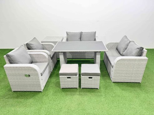 Fimous 8 Pieces Outdoor PE Rattan Sofa Reclining Chair Set Patio Garden Furniture Sets with Cushions Side Table 2 Small Stools Light Grey