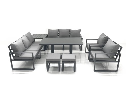 Fimous Garden Sofa Set Aluminium Furniture Rising Dining Tabe Set with 2 Chair 2 Small Footstools Side Table Dark Grey