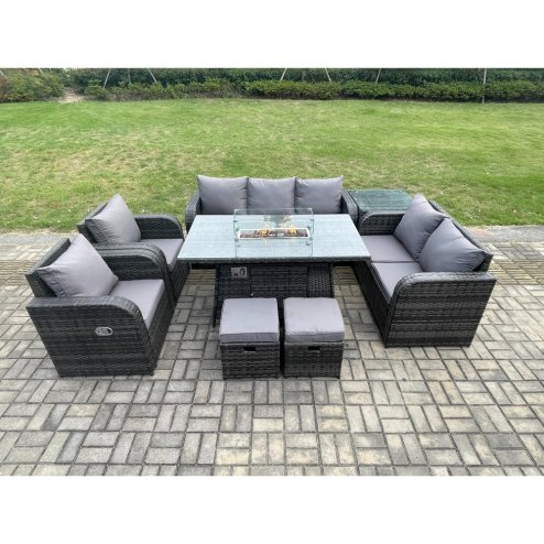 Fimous 9 Seater PE Wicker Outdoor Rattan Garden Furniture Set Propane Gas Fire Pit Table and Sofa Chair set with Side Table 2 Small Footstools