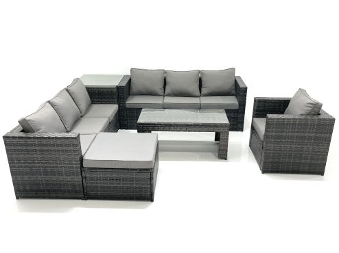 Fimous Rattan Garden Furniture Set Outdoor 8 Seater Patio Conversation Sets with Glass Top Coffee Table Side Table
