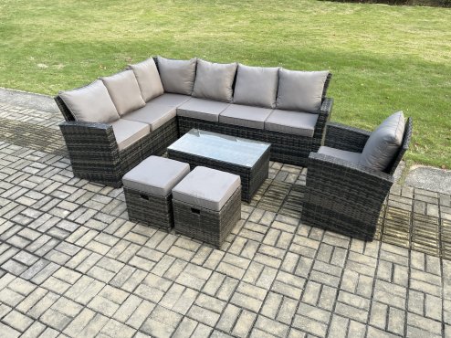 Fimous 9 Seater Outdoor Furniture Garden Dining Set Rattan Corner Sofa Set with Rectangular Coffee Table 2 Small Footstools Dark Grey Mixed