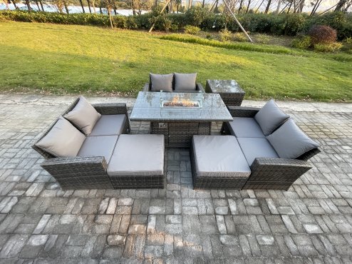 Fimous High Back Rattan Garden Furniture Sofa Sets with Outdoor Furniture Gas Firepit Dining Table Set 2 Big Footstool Side Table Dark Grey Mixed