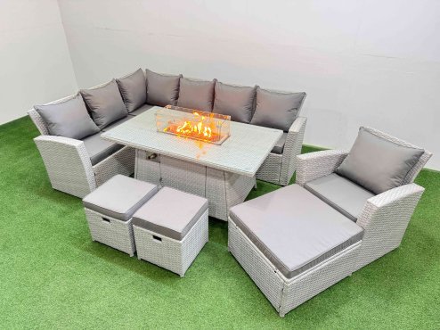 Fimous 10 Seat Rattan Garden Furniture Corner Sofa Set Outdoor Gas Fire Pit Table Sets with 3 Footstools Light Grey