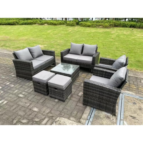 Fimous 8 Seater Dark Grey Mixed High Back Rattan Sofa Set Square Coffee Table Garden Furniture 2 Seater Sofa Chairs Outdoor Patio Stools
