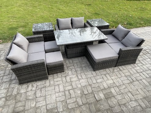 Fimous Wicker PE Rattan Garden Furniture Set Height Adjustable Rising Lifting Table Sofa Dining Set with Double Seat Sofa 3 Footstools 2 Side Tables Dark Grey Mixed