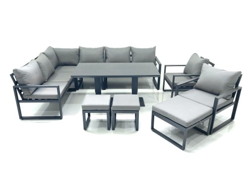 Fimous Aluminum Outdoor Garden Furniture Set Corner Sofa 2 Chair 3 Footstools Adjustable Rising Lifting Dining Table Sets Dark Grey