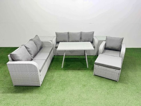 Fimous 7 Pieces Outdoor PE Rattan Garden Furniture with Cushions Reclining Chair 2 Side Tables Big Stool Light Grey