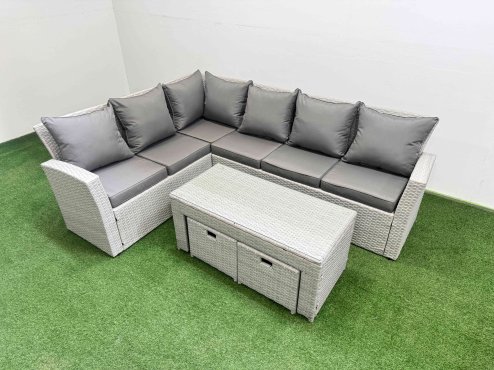 Fimous Rattan Garden Furniture Set Outdoor 8 Seater Corner Sofa Sets with Oblong Coffee Table 2 Small Footstools Light Grey Mixed