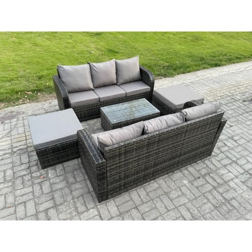 Fimous Outdoor Garden Furniture Sets 8 Seater Wicker Rattan Furniture Sofa Sets with Rectangular Coffee Table 3 Seater Sofa 2 Big Footstool Dark Grey Mixed