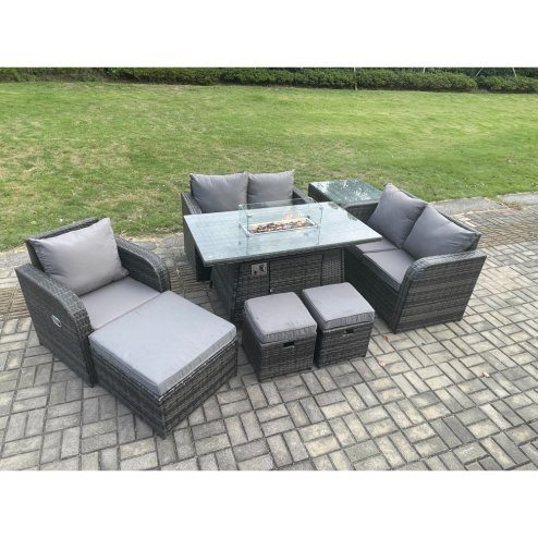 Fimous Outdoor Sofa Rattan Garden Furniture Set Patio Gas Fire Pit Dining Table and Reclining Chair set with Side Table 3 Footstools Dark Grey Mixed