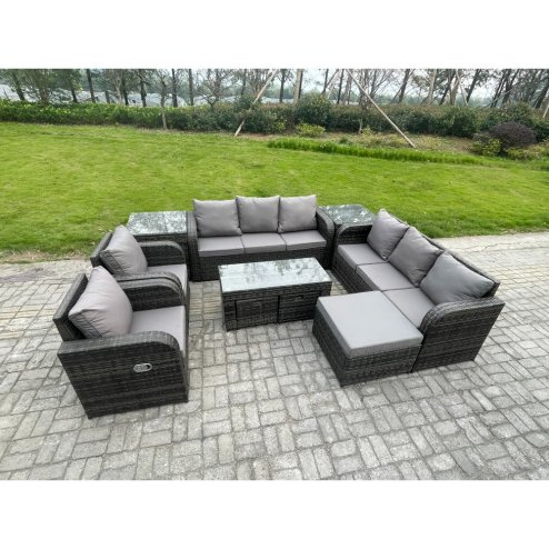 Fimous Wicker PE Rattan Sofa Set 11 Seater Outdoor Patio Garden Furniture Set with 2 Reclining Chairs Coffee Table 2 Side Tables 3 Footstools Dark Grey Mixed