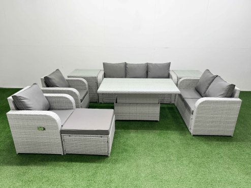 Fimous PE Rattan Garden Furniture Set Reclining Chair Sofa Double Love Seat 2 Seater Sofa Lounge Set Adjustable Lifting Dining or Coffee Table Big Footstool 2 Side Table Light Grey Image