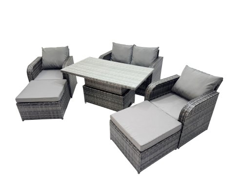 Fimous 6-seater Patio Height Adjustable Rising Lifting Table Sofa Sets Rattan Garden Furniture Dining Set with 2 Big Footstool Dark Grey Mixed