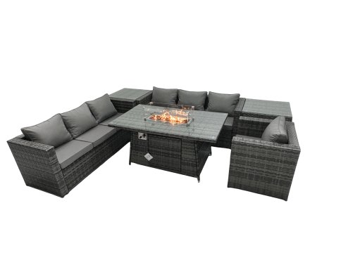 Fimous Rattan Garden Furniture Firepit Dining Set 7 Seater Lounge Sofa Table Set with 2 side table