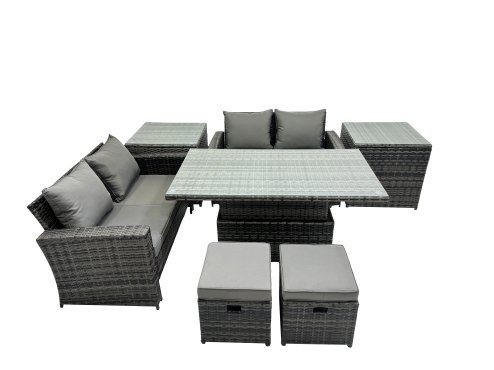 Fimous Outdoor Love Sofa Set 6 Seat Rattan Garden Furniture Set with Adjustable Lifting Dining or Coffee Table Dark Grey Mixed