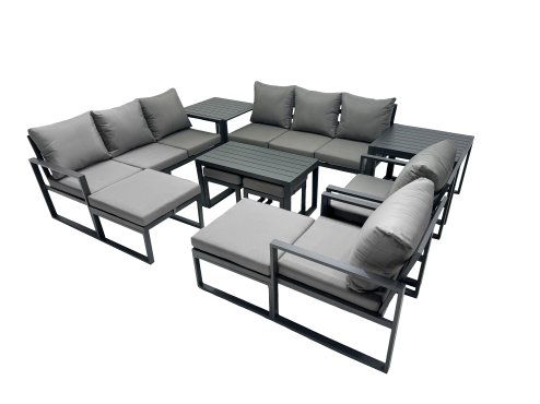 Fimous Outdoor Garden Furniture Set Aluminium Lounge 3 Seat Sofa Oblong Coffee Table Sets with 2 Chairs 4 Stools 2 Side Tables Dark Grey