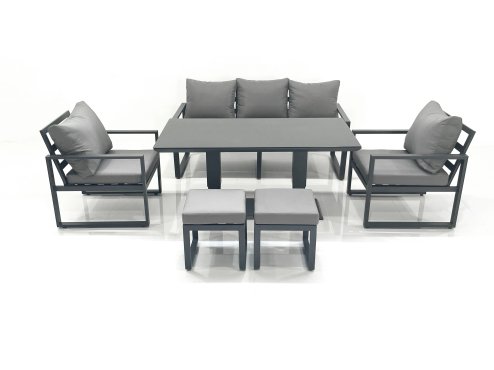 Fimous Outdoor Aluminium Garden Furniture Set with Adjustable Rising Lifting Dining Table 3 Seater Sofa 2 Chair 2 Small Footstools Dark Grey