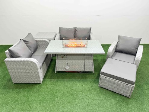 Fimous High Back Poly Rattan Garden Furniture Set with Reclining Chair Loveseat Sofa Firepit Dining Table Indoor Outdoor Patio Set Big Stool Side Table Light Grey