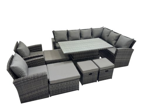 Fimous 12 Seat Rattan Garden Furniture Corner Sofa Set Outdoor Adjustable Lifting Dining or Coffee Table Set with 4 Footstools Dark Grey Mixed
