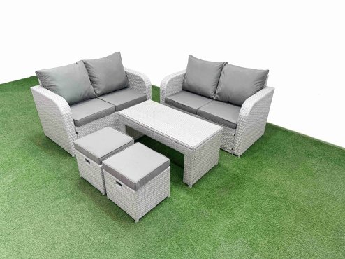 Fimous 6 Seater Outdoor Love Sofa Set Rattan Garden Furniture Set with Oblong Coffee Table 2 Small Stools Light Grey