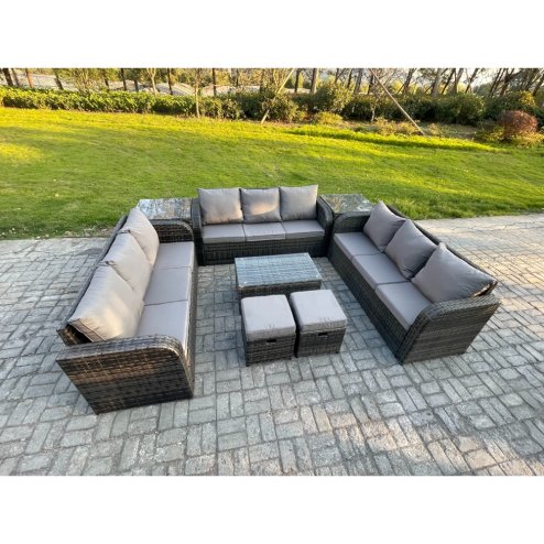 Fimous Rattan Lounge Sofa Set 11 Seater Outdoor Garden Furniture Set with Rectangular Coffee Table 3 Seater Sofa 2 Side Tables 2 Small Footstools Dark Grey Mixed