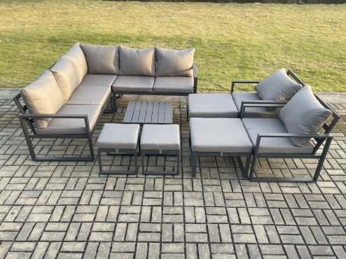 Fimous 11 Seater Outdoor Aluminium Garden Furniture Set Corner Lounge Sofa Set with Square Coffee Table 2 Pcs Chair Footstools Dark Grey