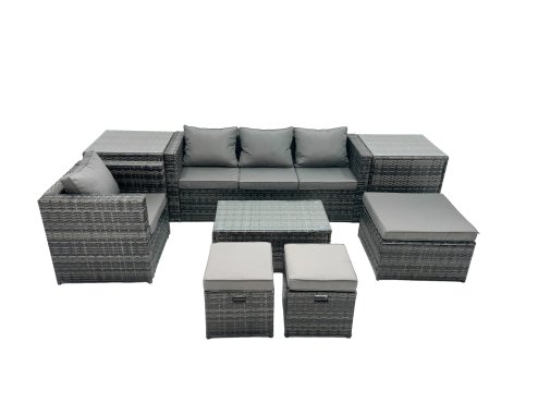 Fimous Outdoor Coffee Table Sofa Armchair Set with 2 Side Tables Big Stool 2 Small Footstools Garden Furniture Set Dark Grey Mixed