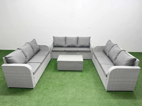 Fimous PE Rattan Lounge Sofa Set 9 Seater Outdoor Garden Furniture Set with Rectangular Coffee Table 3 Seater Sofa Light Grey Image