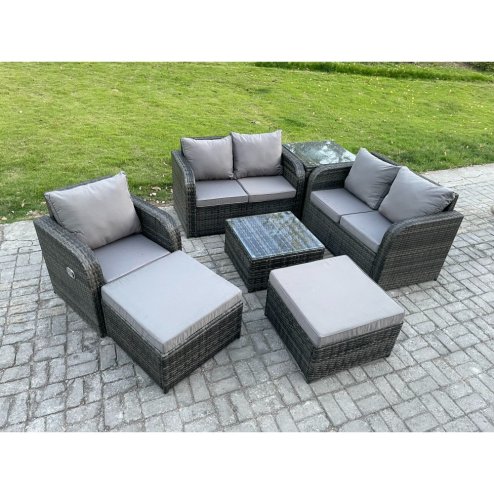 Fimous PE Rattan Garden Furniture Sets Outdoor Love Sofa Chair Set Square Coffee Table Side Table 2 Big Footstool