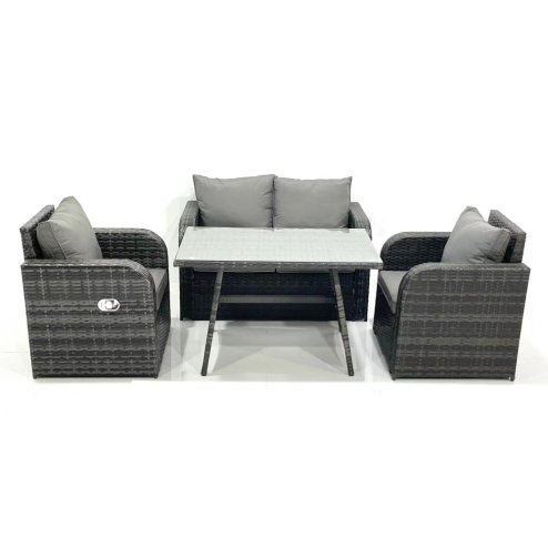 Fimous Outdoor Garden Furniture Set Rattan Sofa Dining Table Set with Reclining Chair Dark Grey Mixed