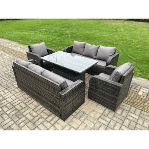 Fimous 8 Seater PE Rattan Outdoor Garden Furniture Sets Height Adjustable Rising lifting DiningTable Sofa Set with Reclining Chair Dark Grey Mixed