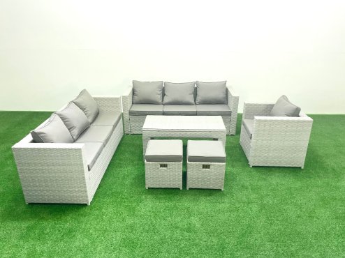 Fimous Wicker PE Rattan Sofa Garden Furniture Set with Oblong Coffee Table Armchair 2 Small Footstools Light Grey Mixed Image