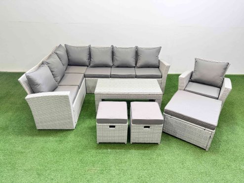 Fimous Rattan Garden Furniture Set Outdoor 10 Seater Corner Sofa Sets with Oblong Coffee Table Chair 3 Footstools Light Grey Mixed