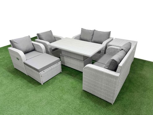 Fimous 7 Seater Outdoor Reclining Chair Love Sofa Set Rattan Garden Furniture Set with Adjustable Lifting Dining or Coffee Table Footstool Side Table Light Grey Image